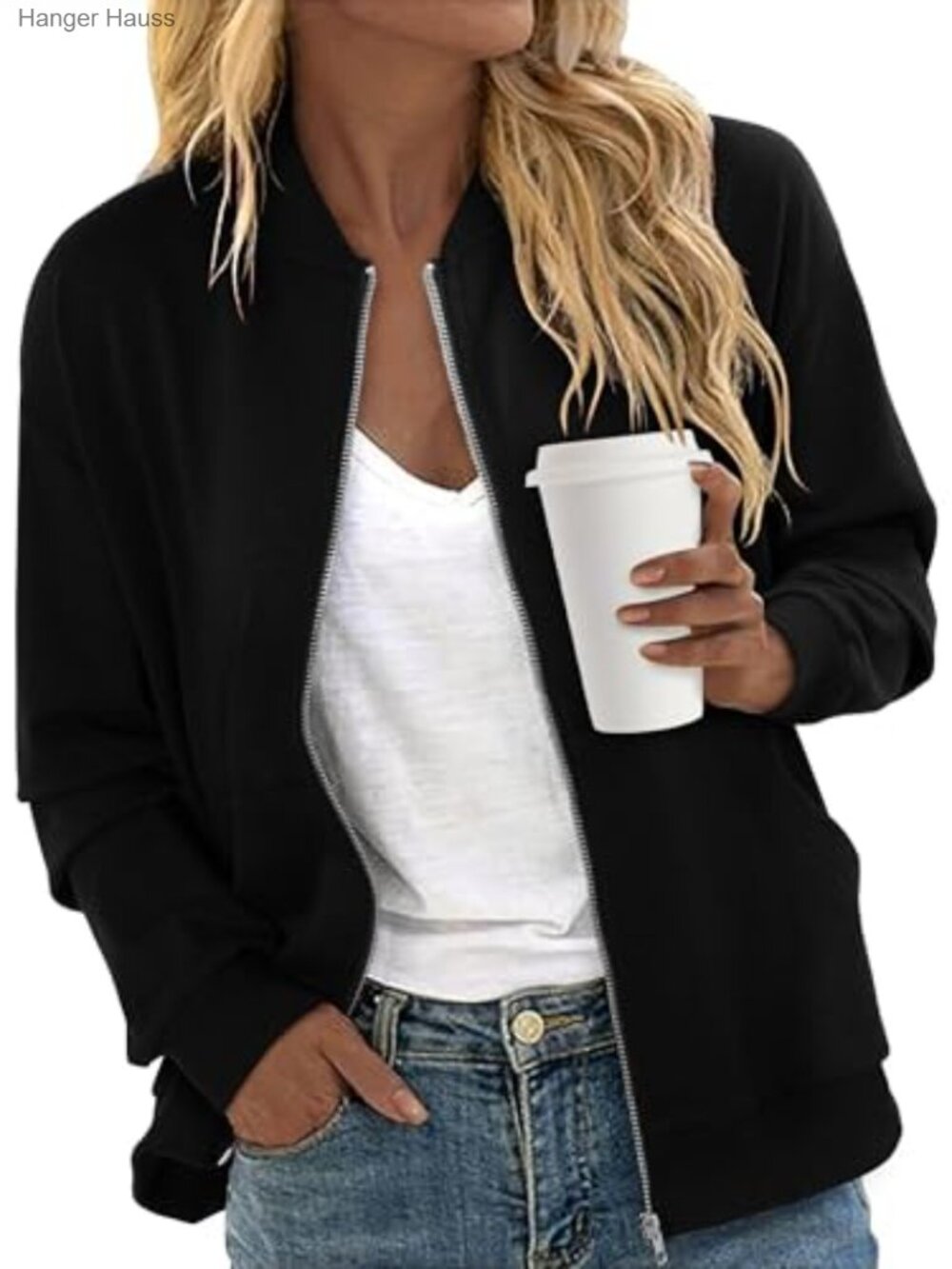 Women's Zip-Up Bomber Jacket Long Sleeve Casual Fall Winter Spring Coat with